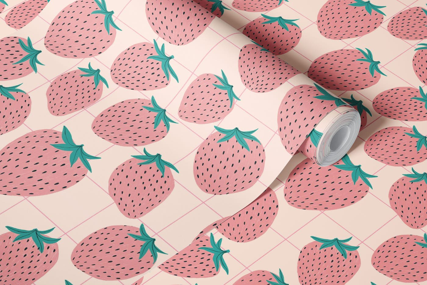 Pink strawberries wallpaper roll