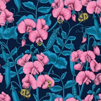 Sweet peas and bumblebees on dark blue tapet