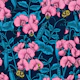 Sweet peas and bumblebees on dark blue