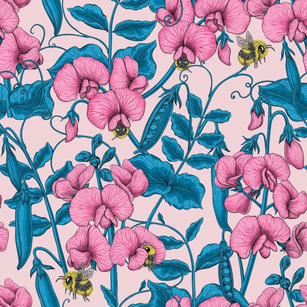Sweet peas and bumblebees on pink