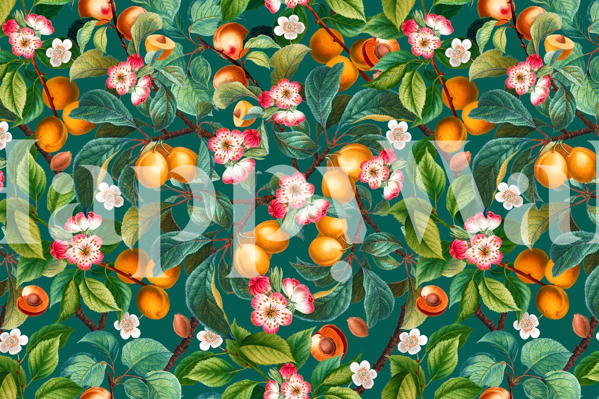 Lush fruits and flowers pattern wall mural with oranges and blossoms
