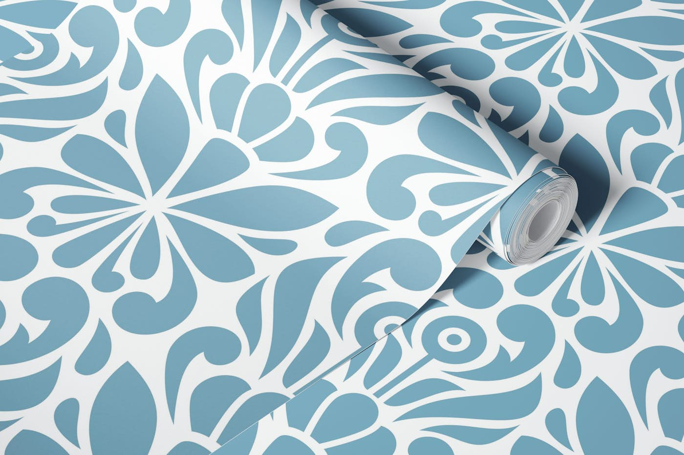 2592 - abstract floral ornaments, blue grey wallpaper roll