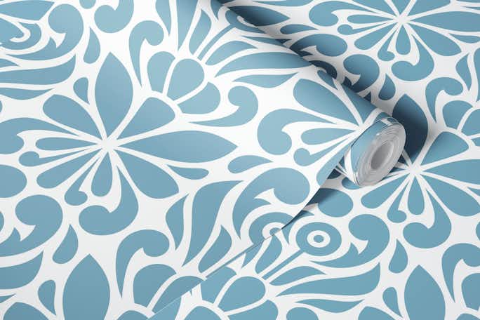 2592 - abstract floral ornaments, blue greywallpaper roll