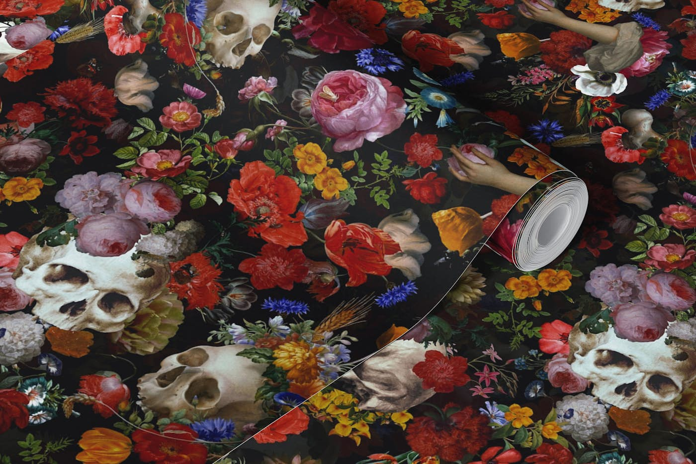 Mysterious Gothic Skulls And Antique Flowers wallpaper roll