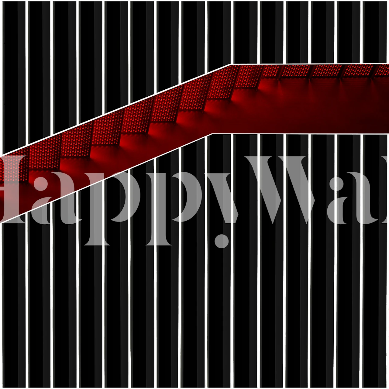 Väggdekor med trappa i presentförpackning med svarta och vita ränder och röd diagonal trappaccent.