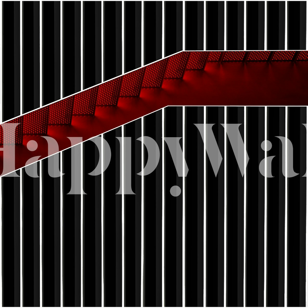 Staircase in Gift Box wall mural with black and white stripes and red diagonal staircase accent.