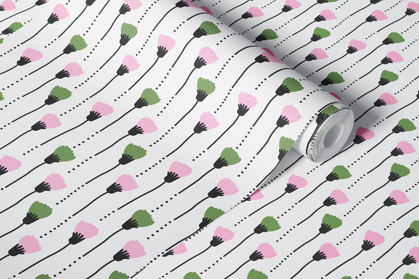 2627 E - hand drawn florals, pink green wallpaper roll