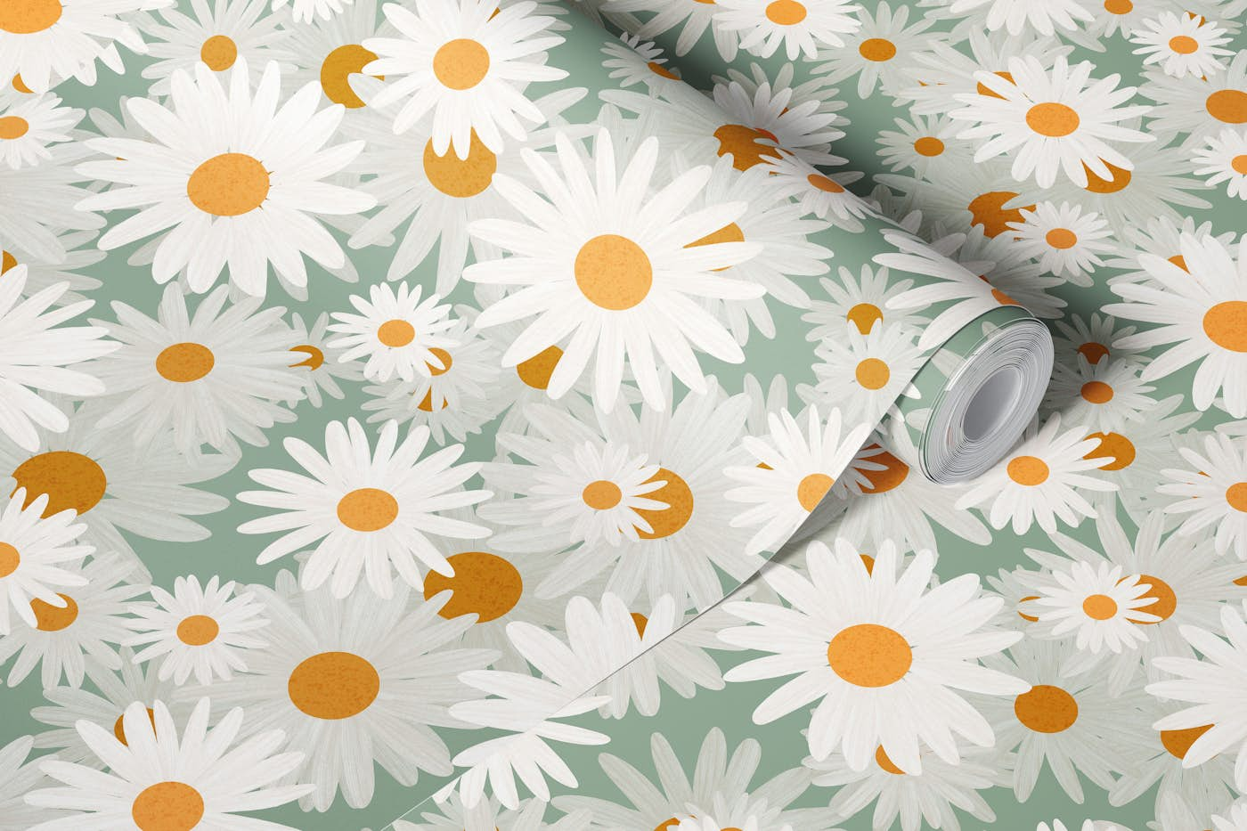 White daisies wallpaper roll