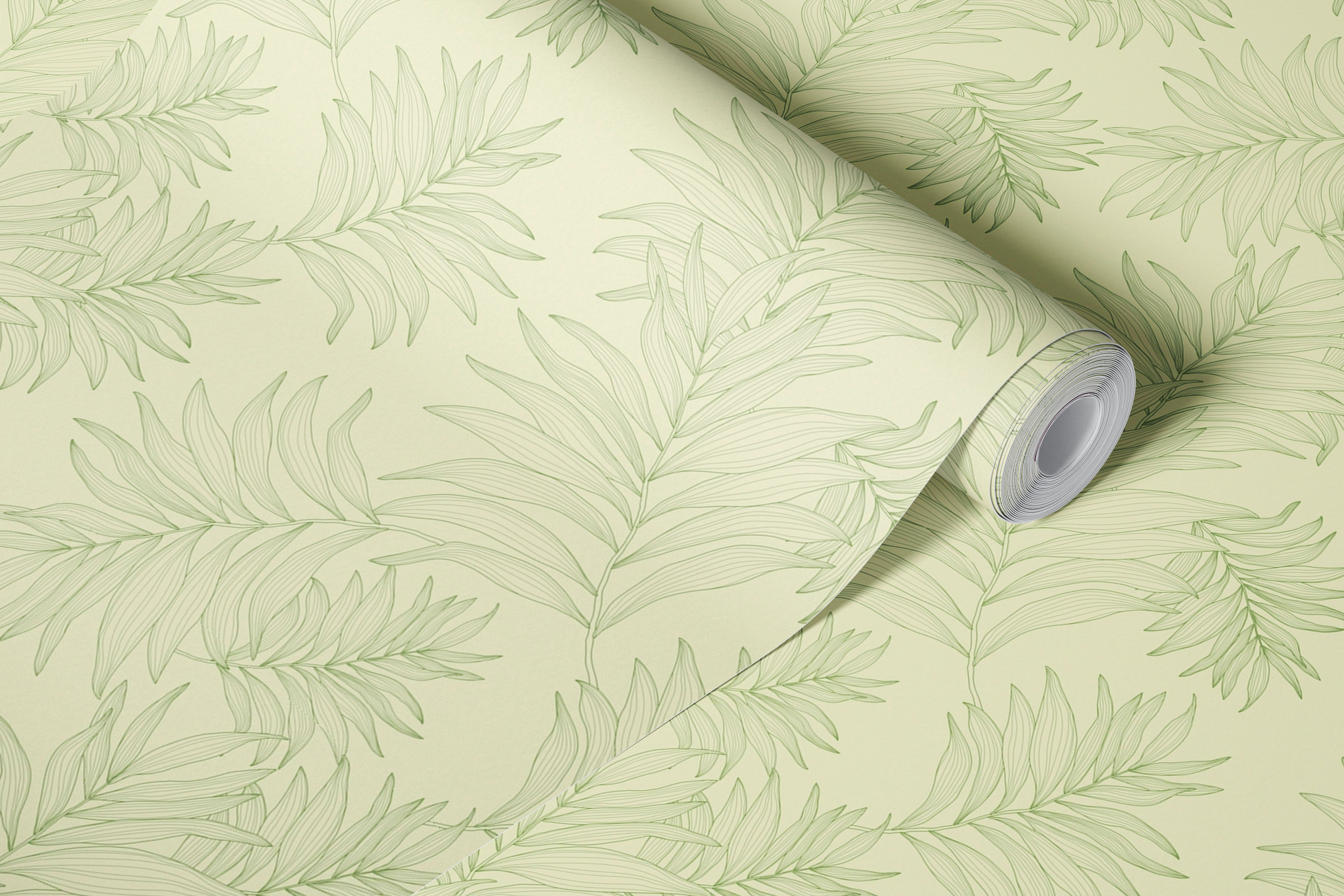 Green leaf pattern wallpaper on light green background