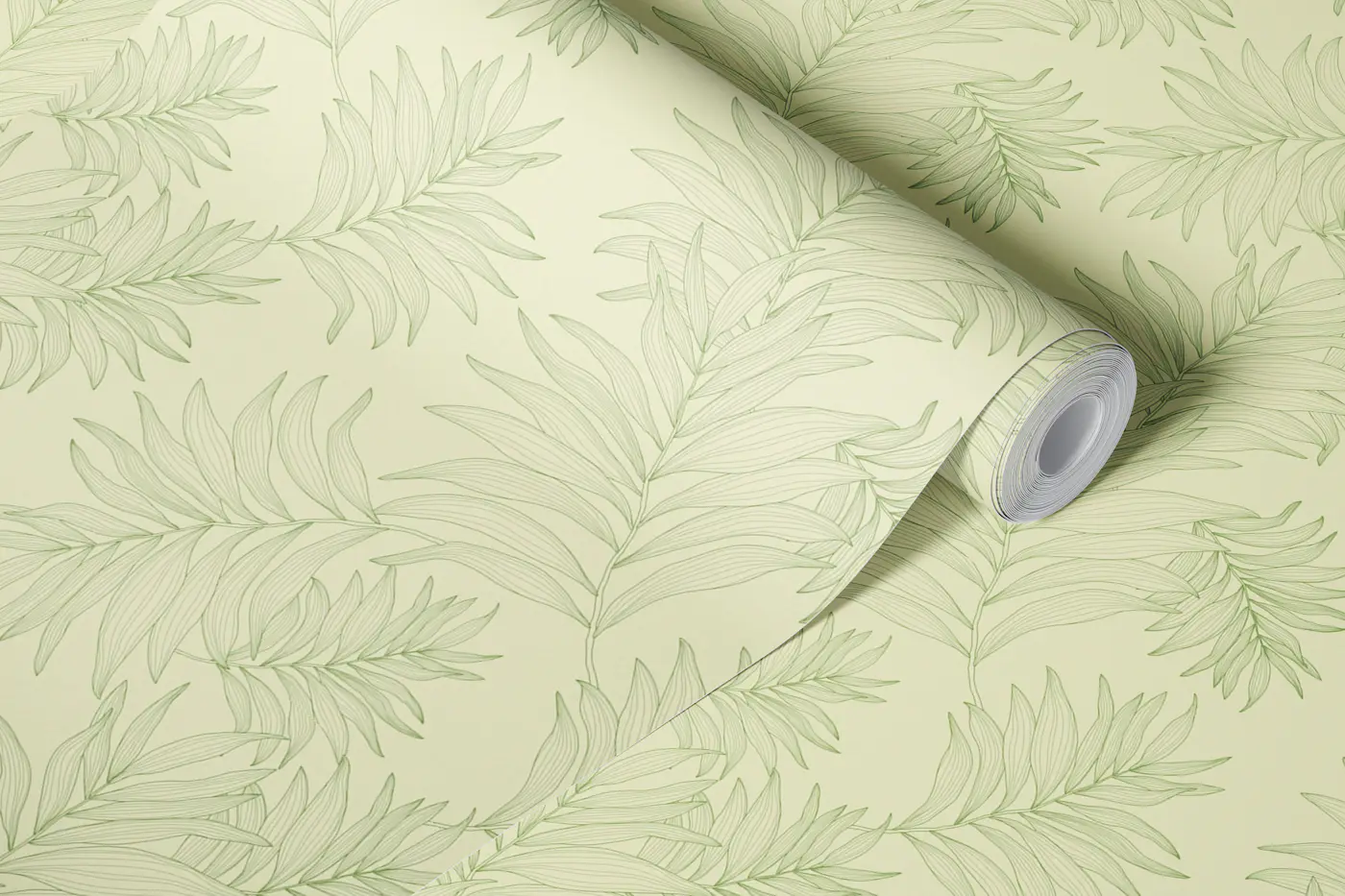 Vintage Leaf Line Art Soft Green wallpaper roll