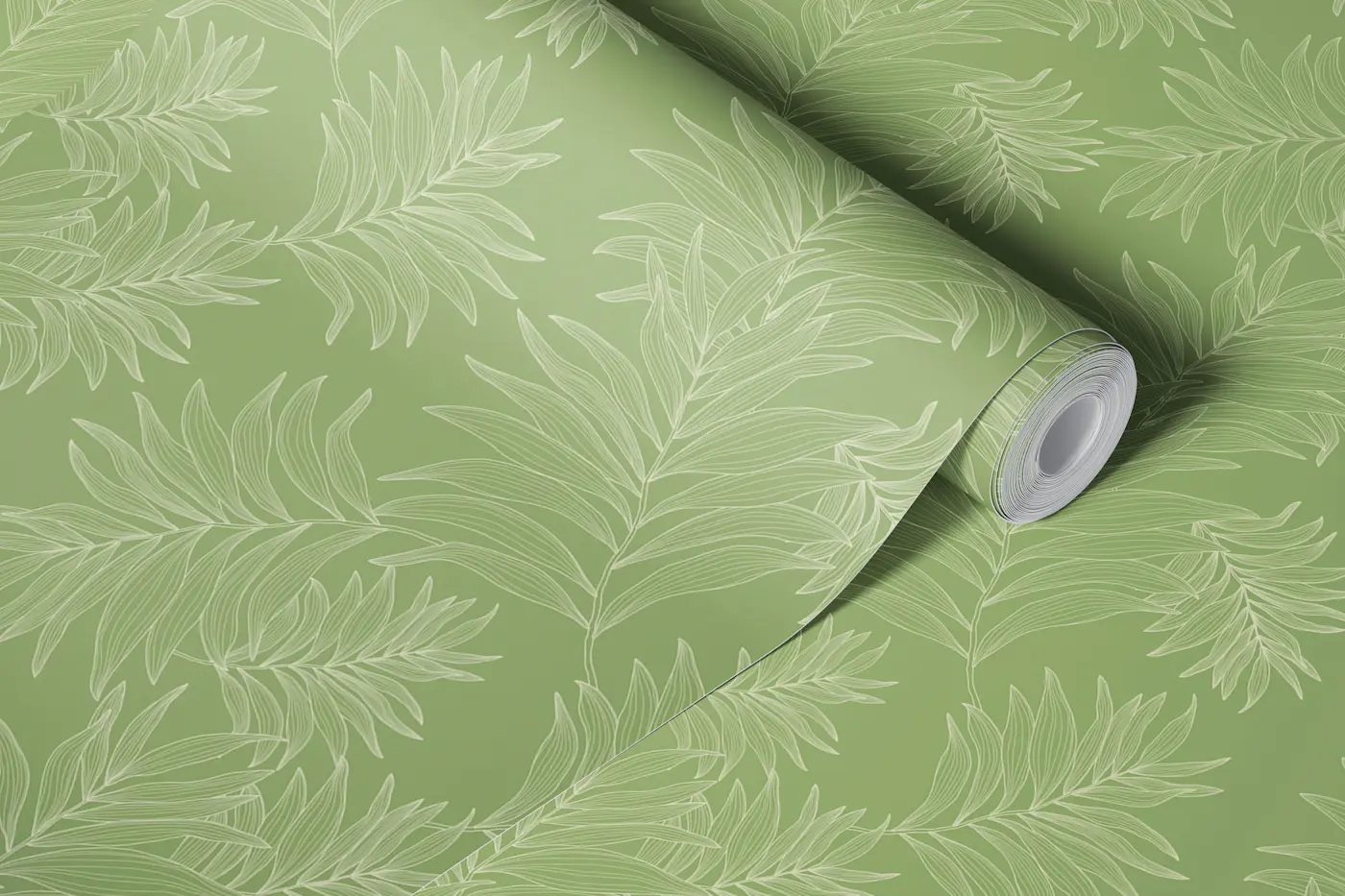 Vintage Leaf Line Art Green wallpaper roll