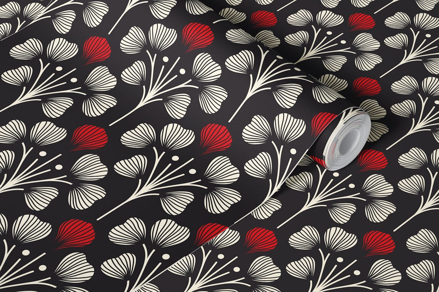 2674 A - floral pattern, black white red wallpaper roll