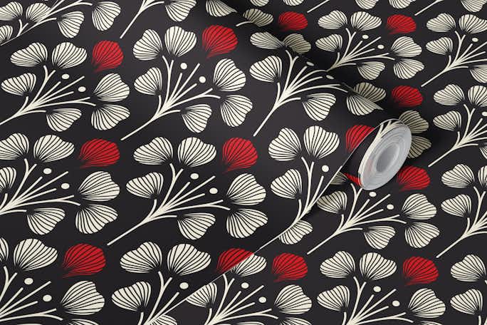 2674 A - floral pattern, black white redwallpaper roll