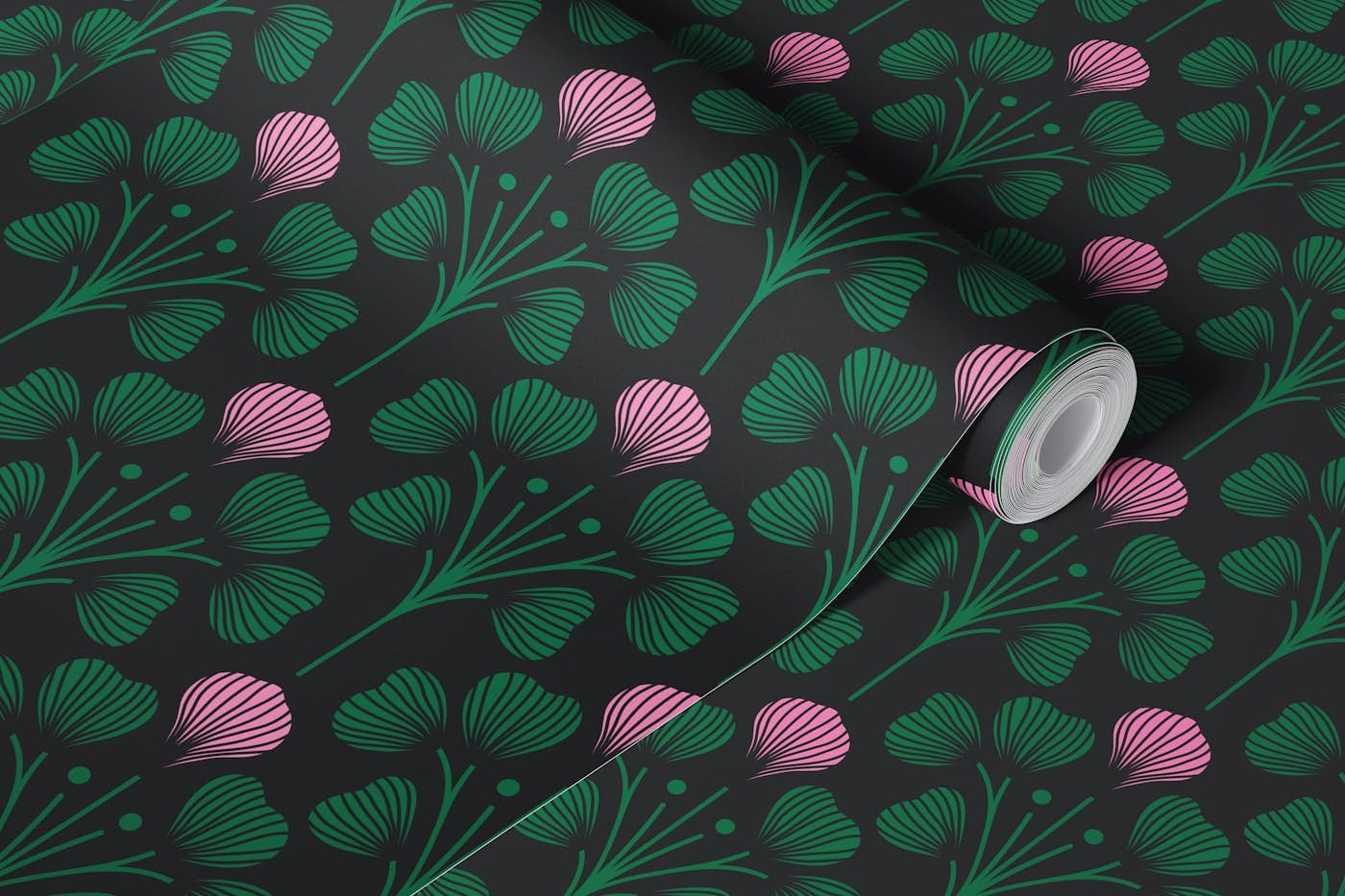 2674 B - floral pattern, black green pink wallpaper roll