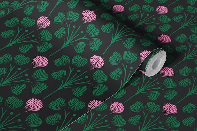 2674 B - floral pattern, black green pinkwallpaper roll