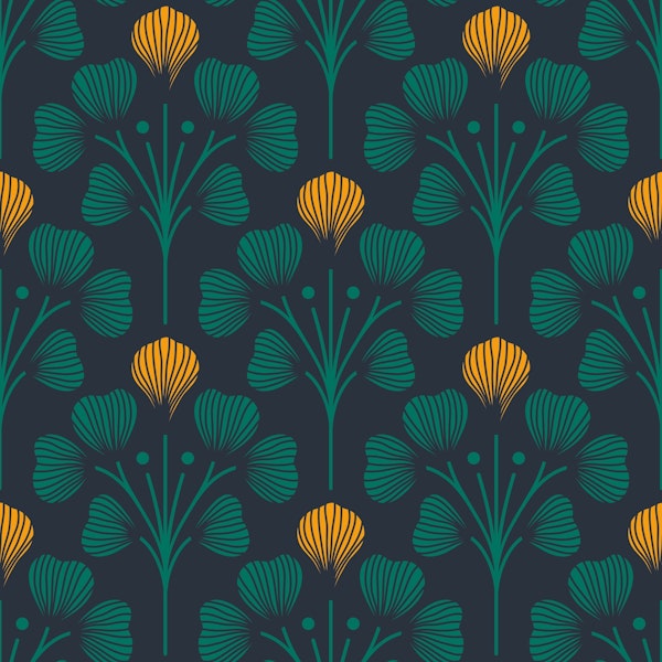 2674 D - floral pattern, dark navy teal yellow