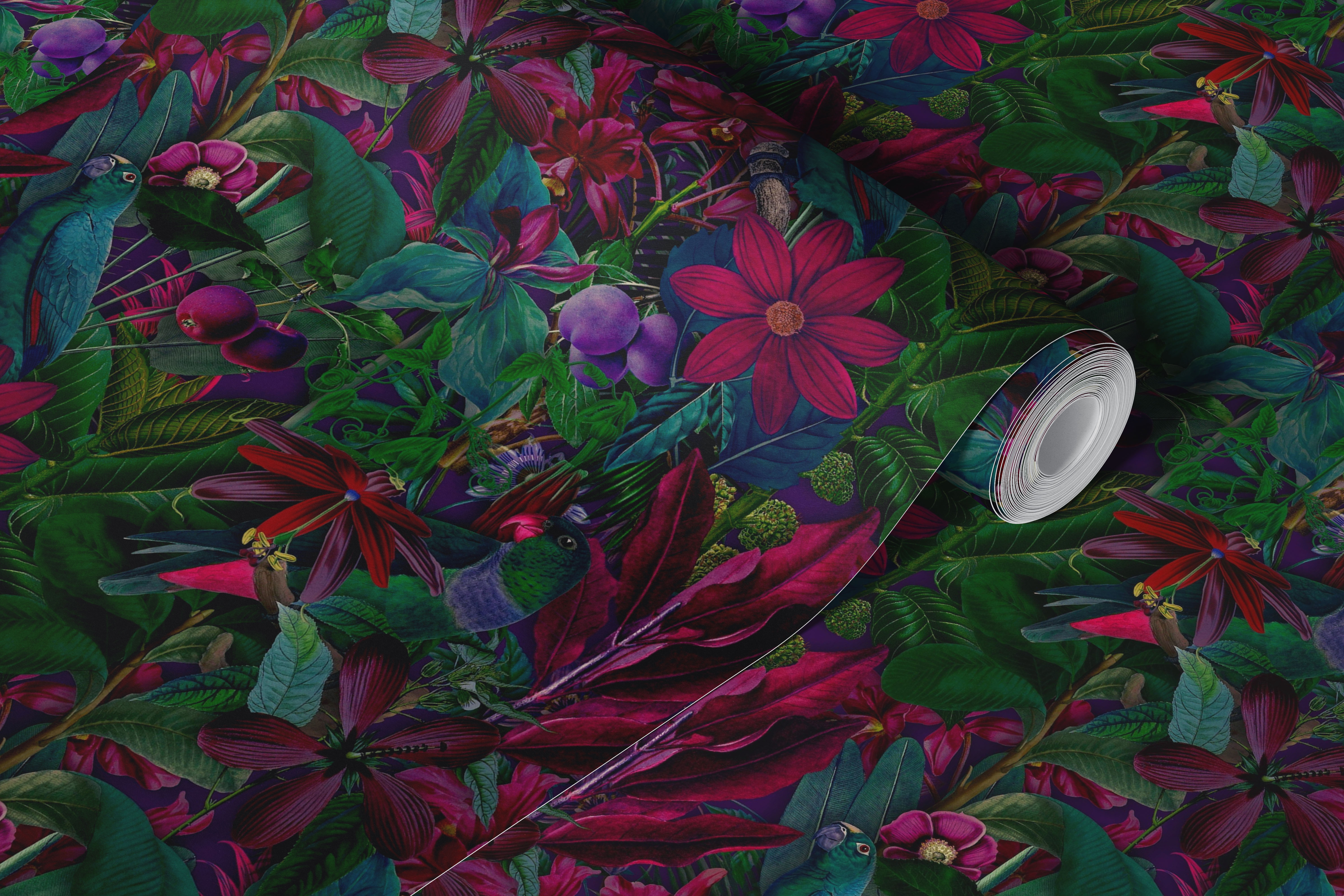 Lush tropical jungle wall mural with vibrant flora and exotic birds