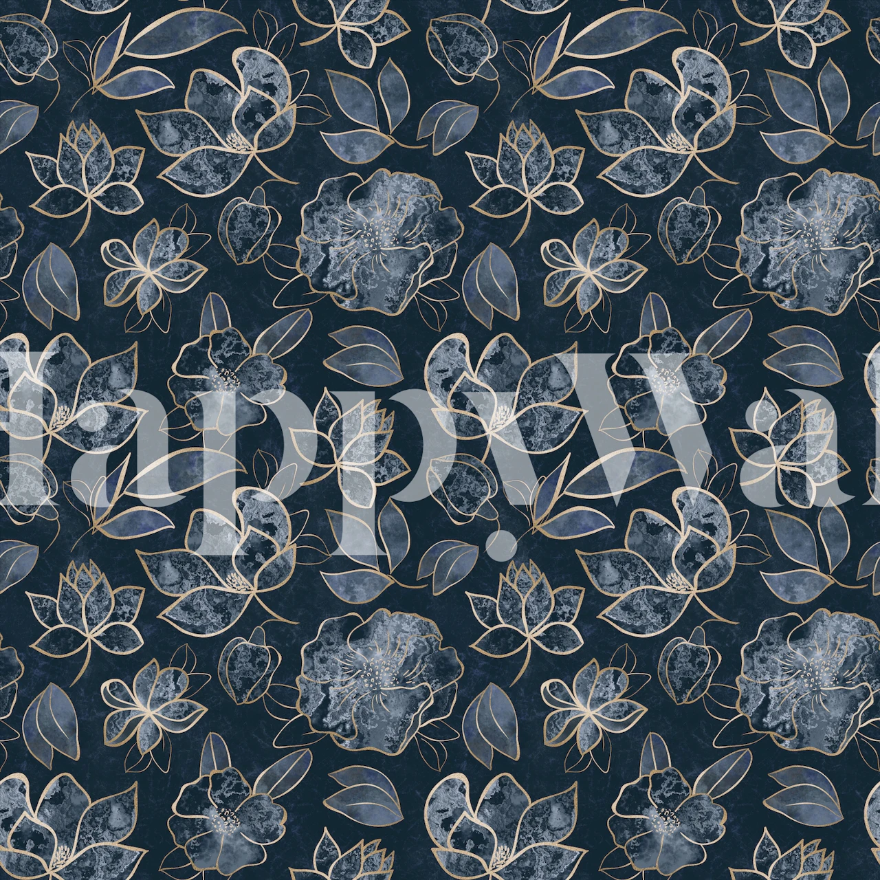 Mornarsko plava i zlatna zidna slika s fantastičnim cvjetnim uzorkom