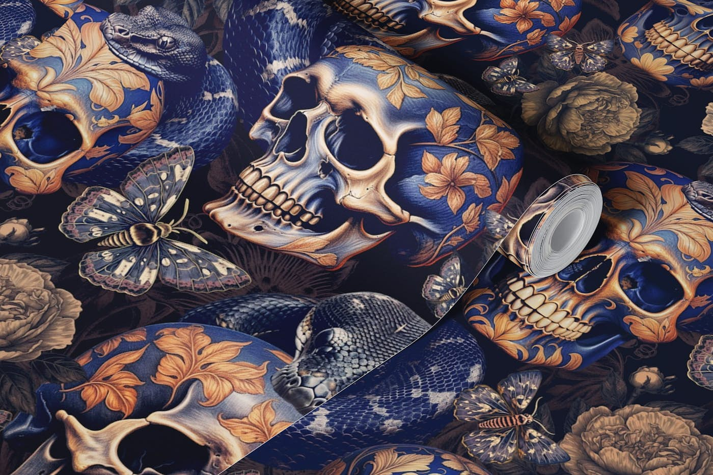 Vintage Mysterious Gothic Skull Snakes And Butterflies Patterns wallpaper roll