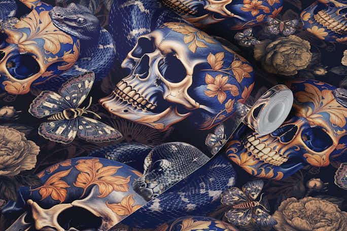Vintage Mysterious Gothic Skull Snakes And Butterflies Patternswallpaper roll