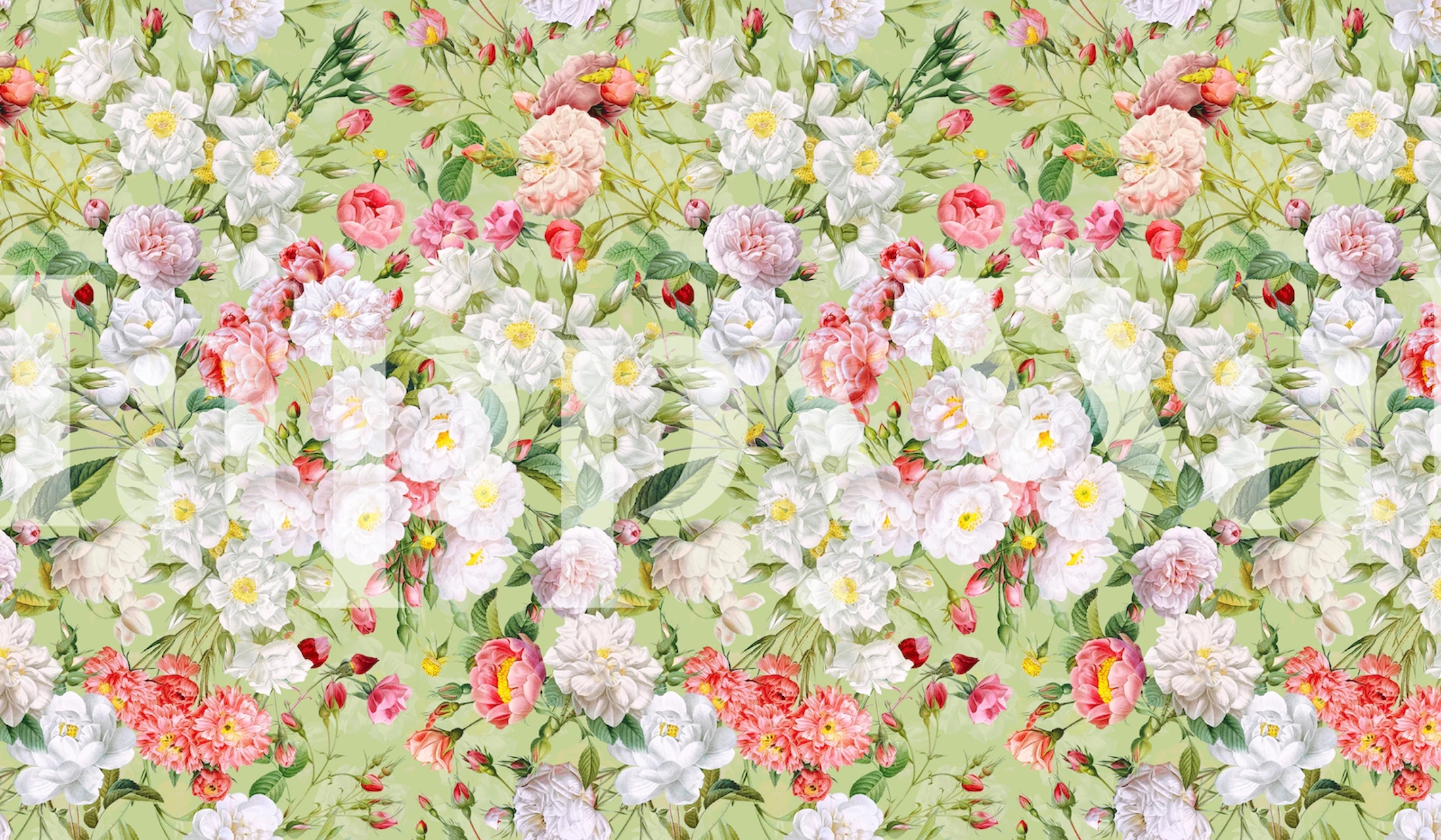Vibrant floral pattern with peonies and roses on green wallpaper