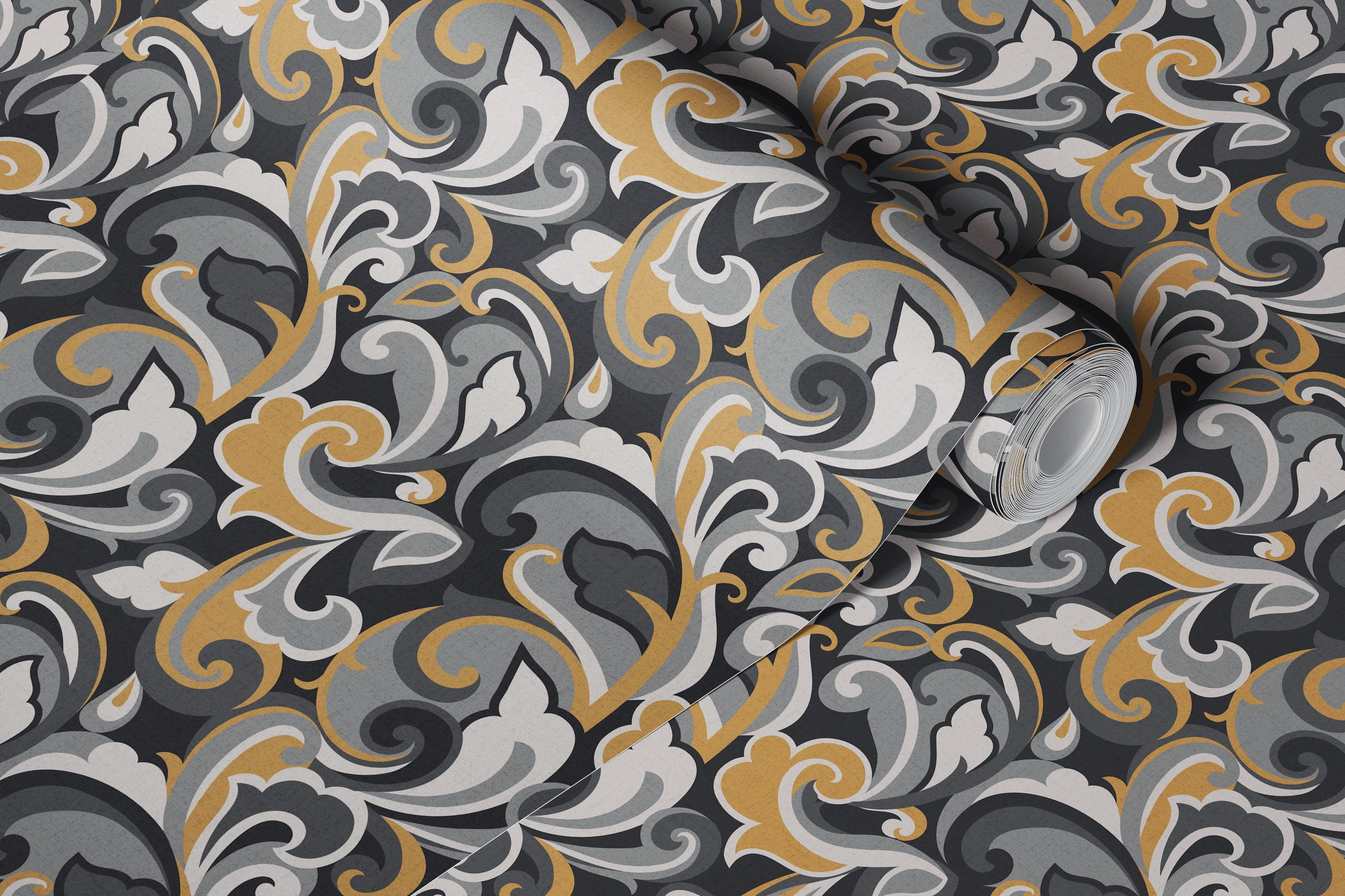 Vintage swirl patterns in grey, gold and white wallpaper