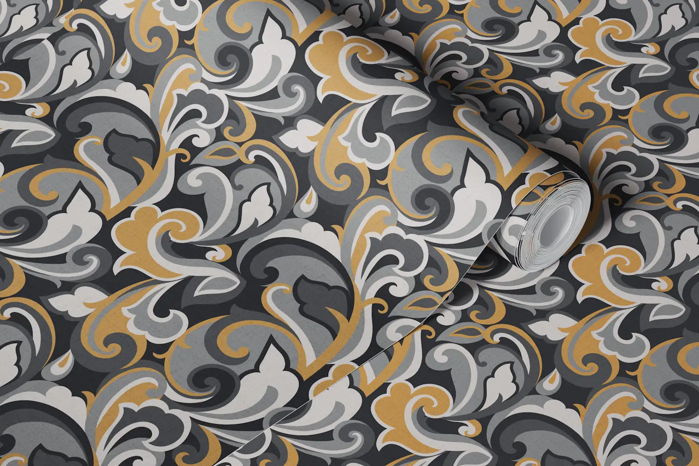 70s Ornate Swirls Gray wallpaper roll