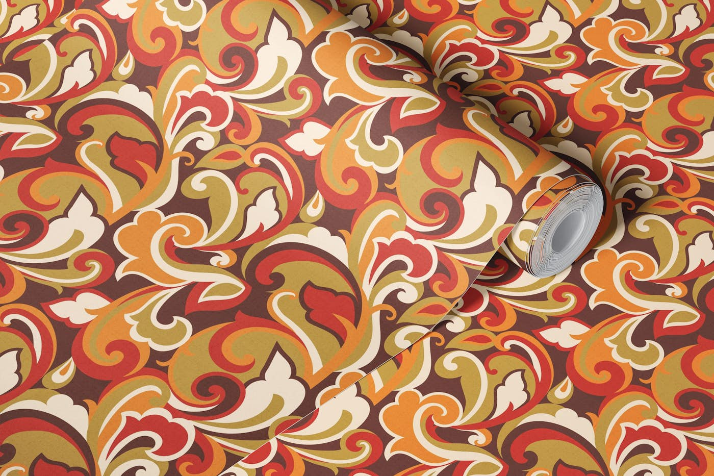 1970s SWIRLS BROWN wallpaper roll