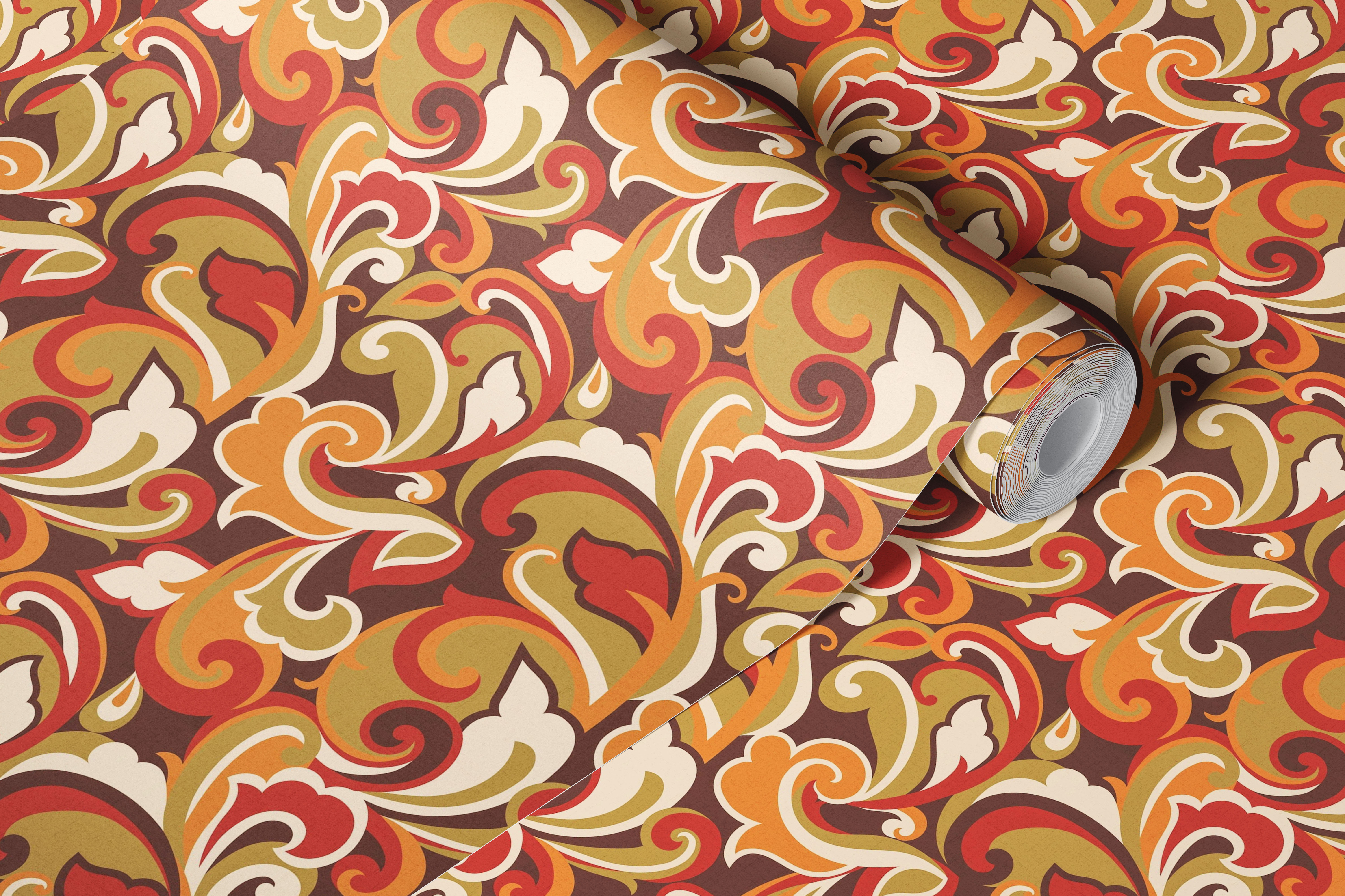 Colorful retro swirls design in brown, orange, and cream wallpaper