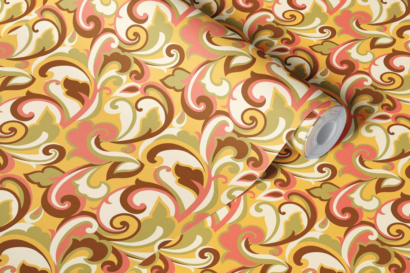 1970s SWIRLS GREEN AND PINK wallpaper roll