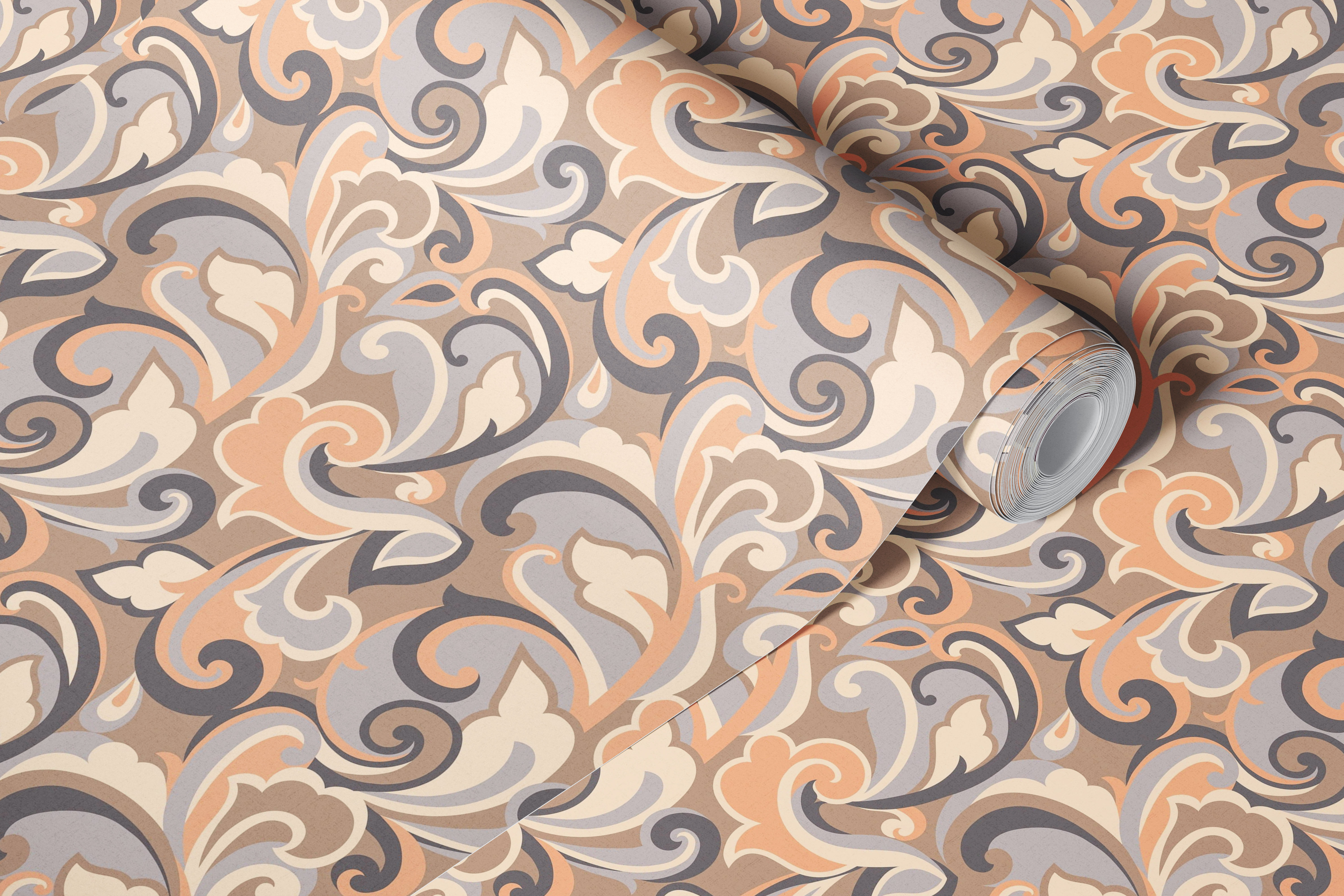 1970s neutral swirls in beige, peach, and gray tones wallpaper
