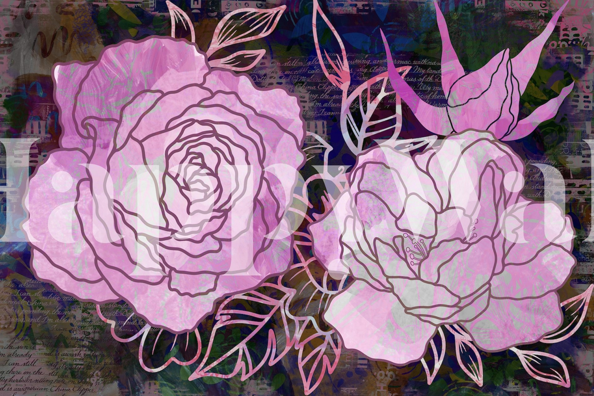 Mixed Media Magical Pink Roses mural with pastel colors on textured background