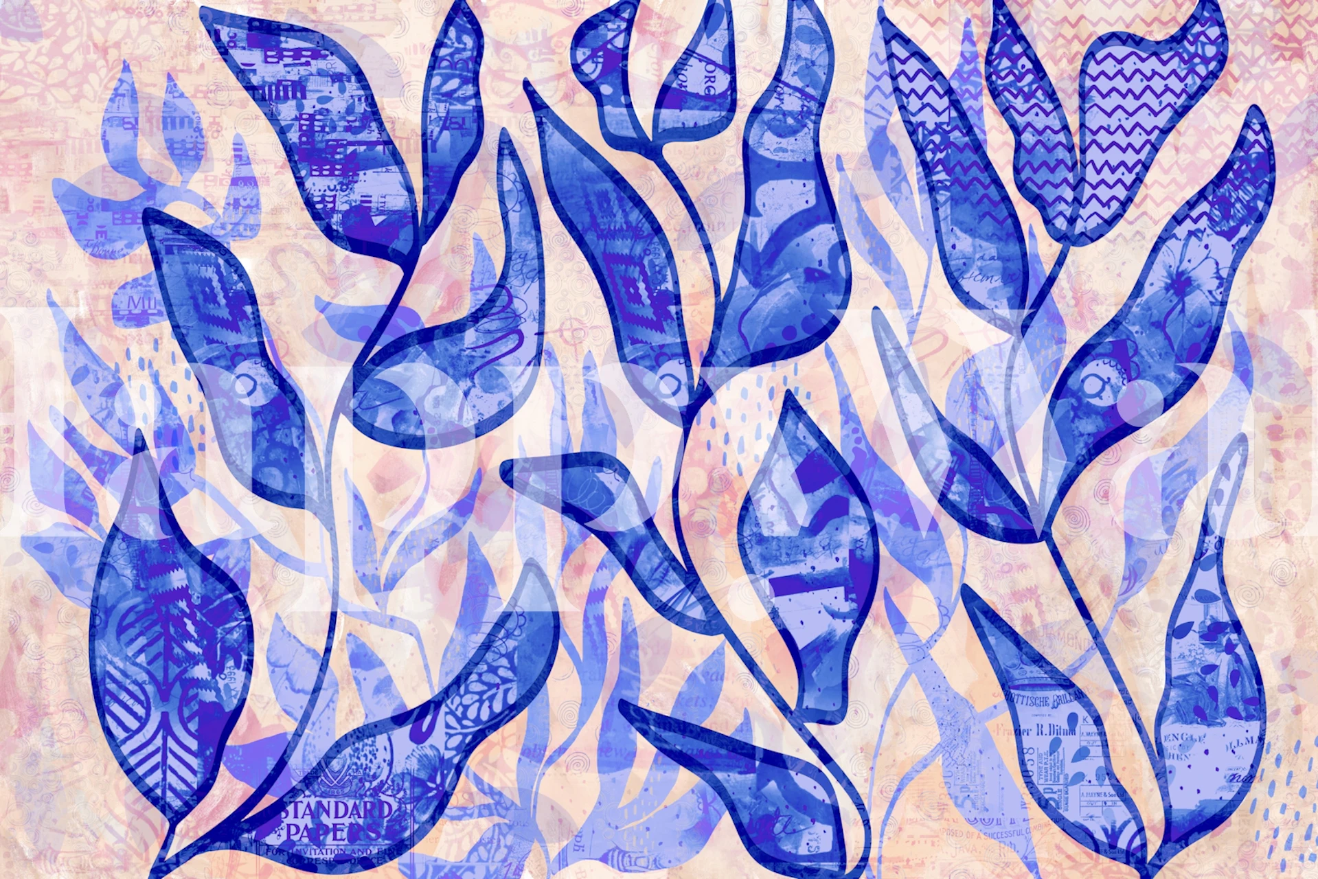 Blue abstract leaves on a light background wallpaper