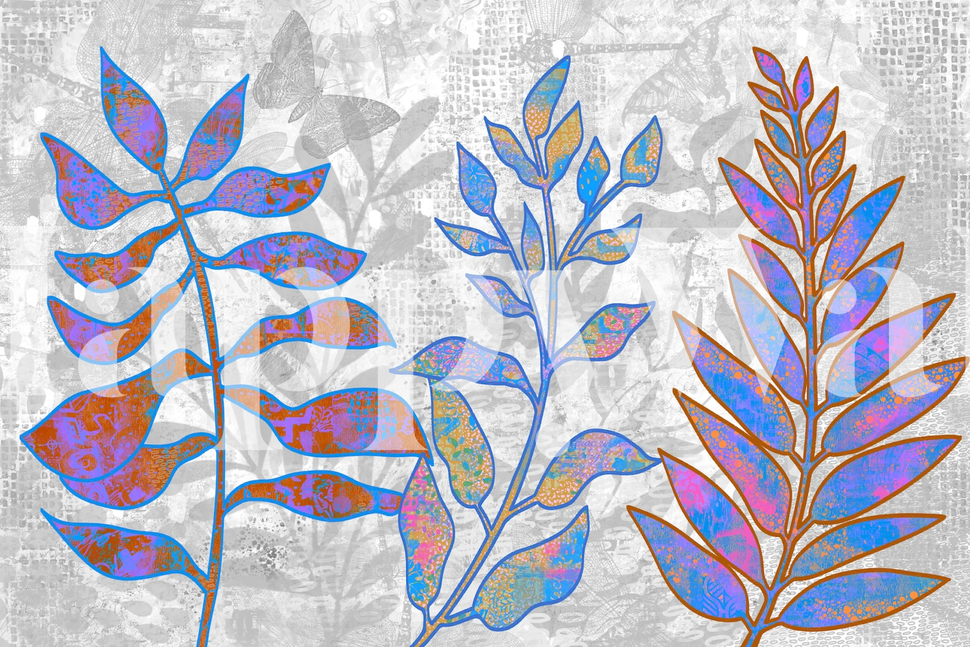 Colorful botanical leaves in blue, orange, and pink on light gray wallpaper