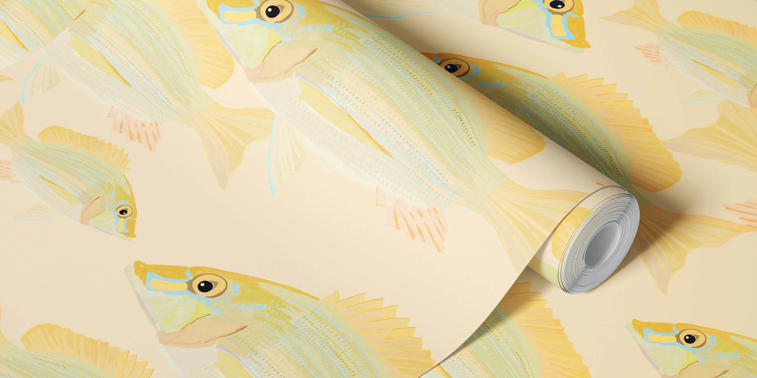 Pattern of lightly colored fish on a soft yellow background wallpaper