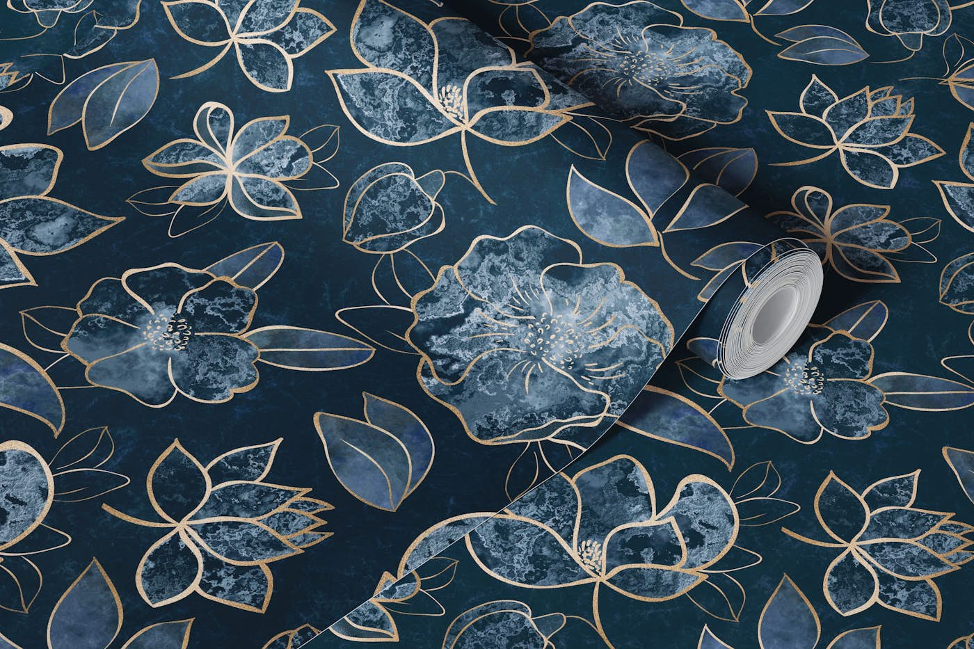 Elegant And Fancy Fantasy Flower Pattern In Turquoise And Gold wallpaper roll