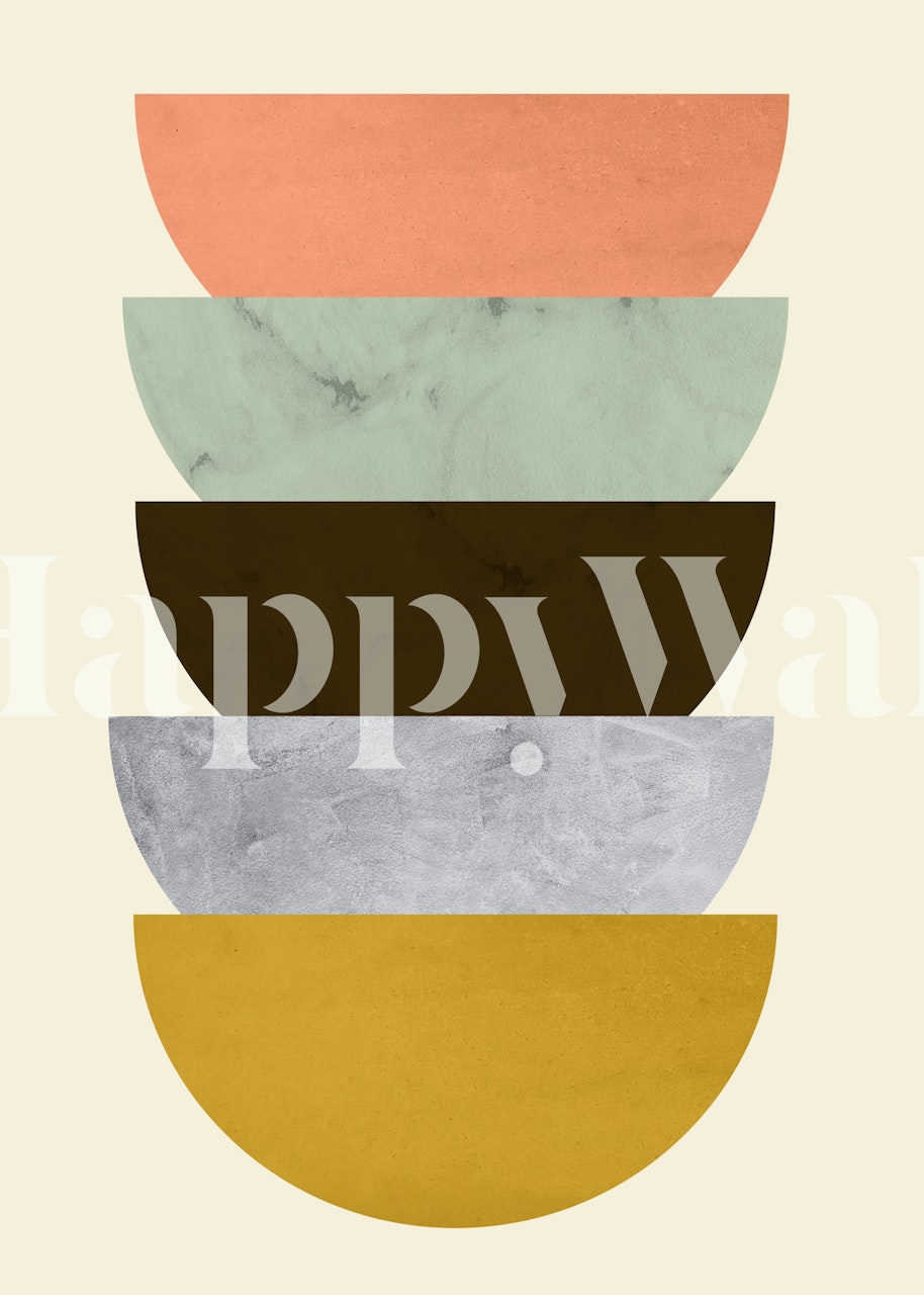 Geometric half-circle design in peach, green, brown, gray, and yellow wallpaper