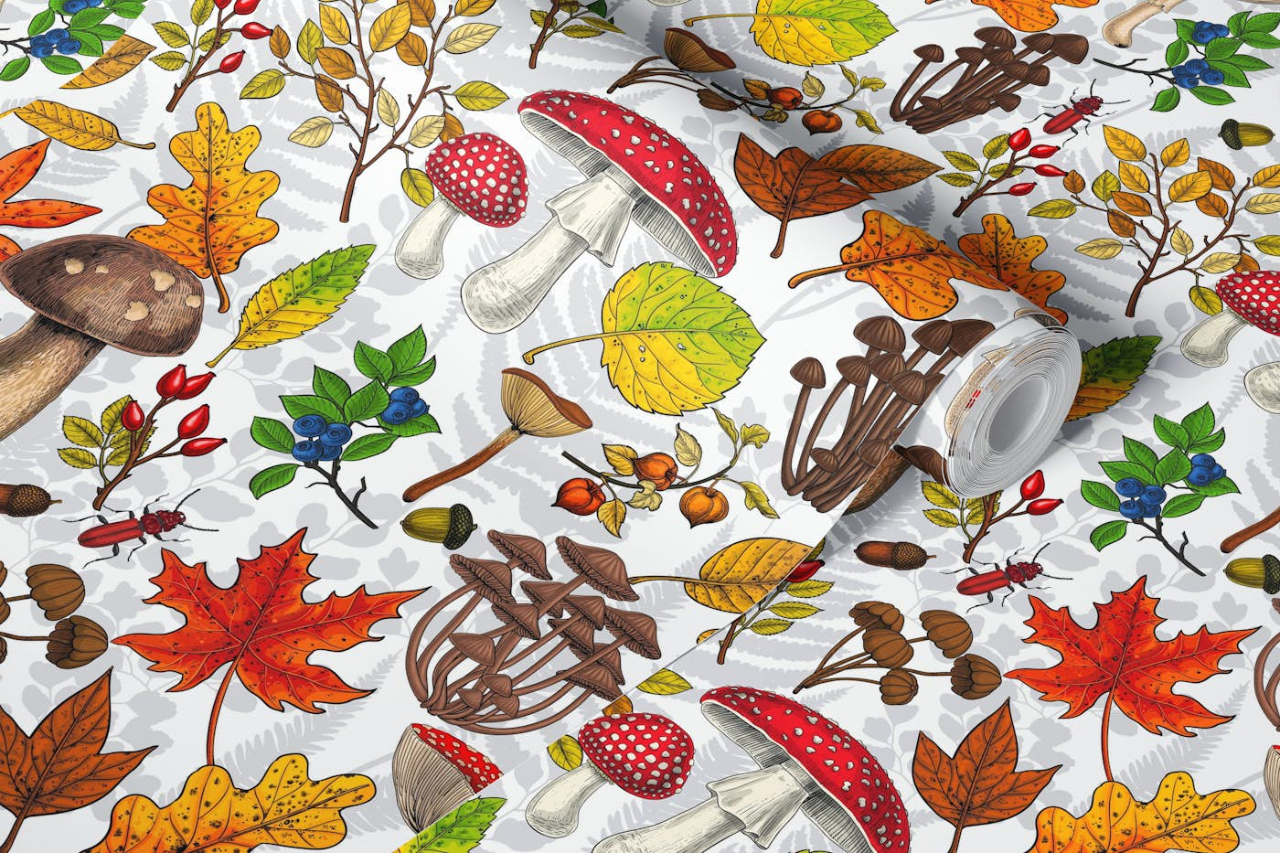 Autumn mushrooms, leaves, nuts and berries on white wallpaper roll