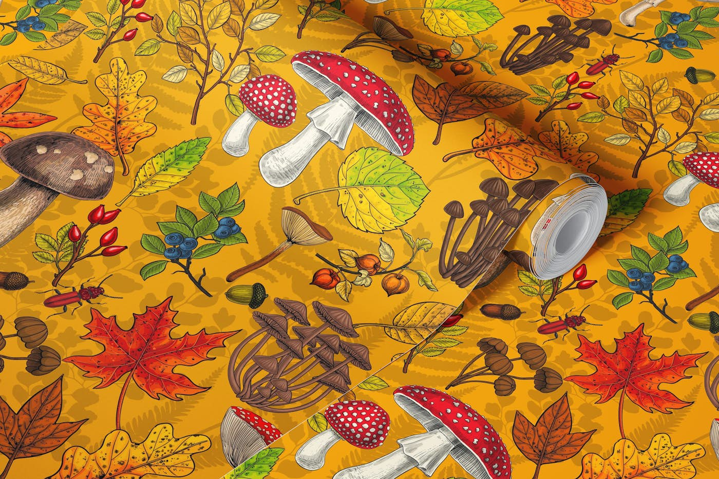 Autumn mushrooms, leaves, nuts and berries on orange wallpaper roll