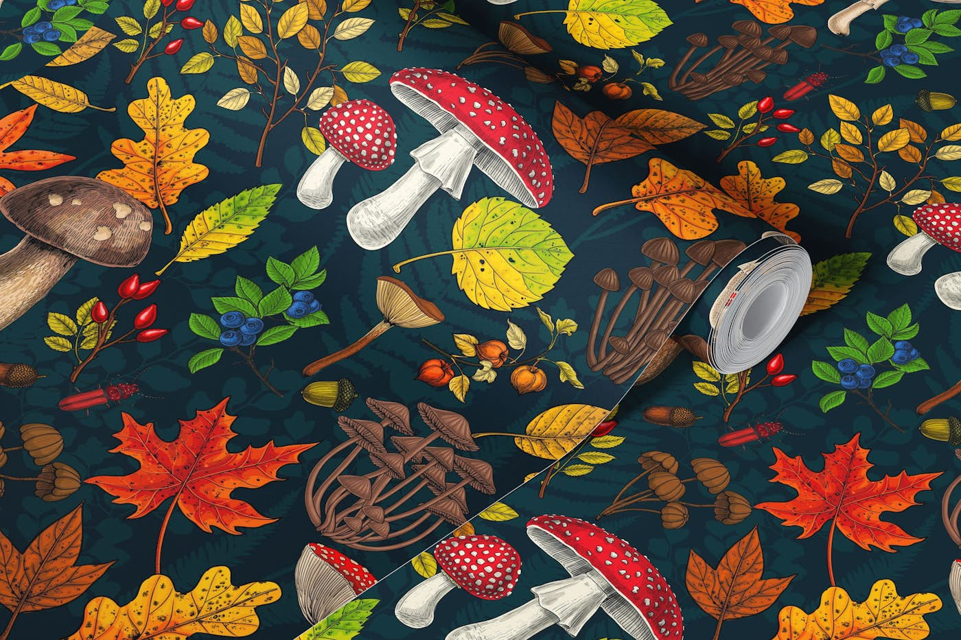 Autumn mushrooms, leaves, nuts and berries on dark blue wallpaper roll