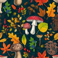Autumn mushrooms, leaves, nuts and berries on dark blue carta da parati