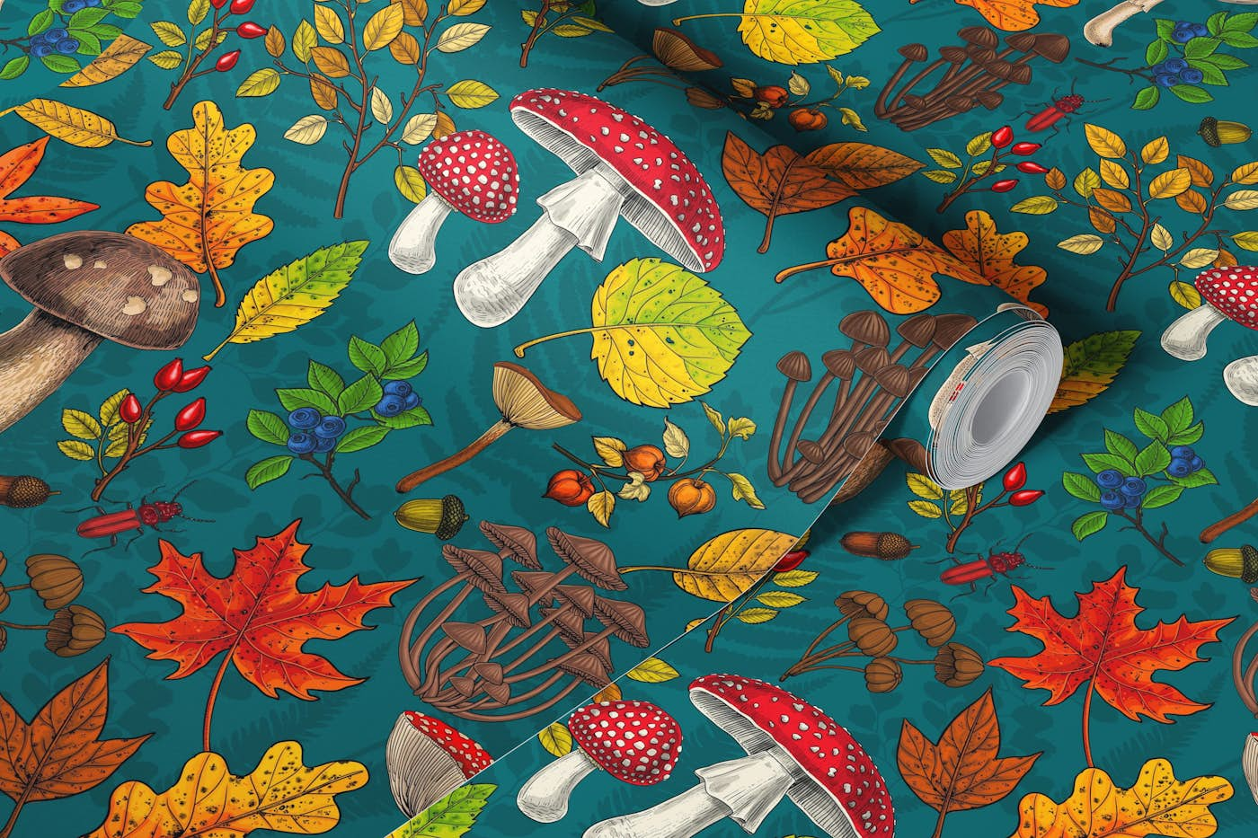 Autumn mushrooms, leaves, nuts and berries on blue wallpaper roll