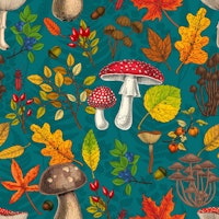 Autumn mushrooms, leaves, nuts and berries on blue wallpaper