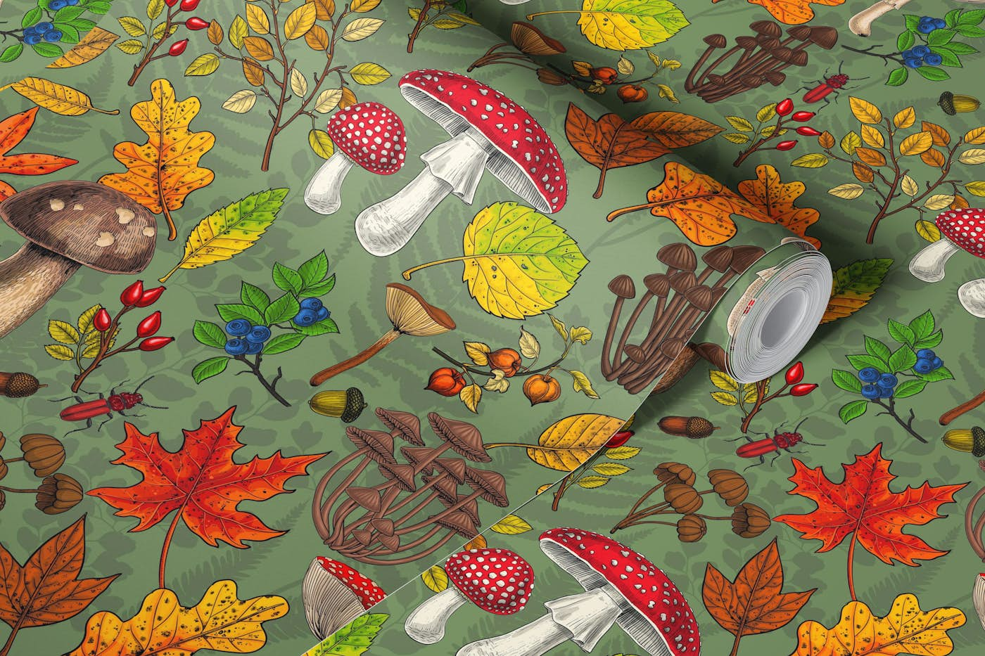 Autumn mushrooms, leaves, nuts and berries on green wallpaper roll