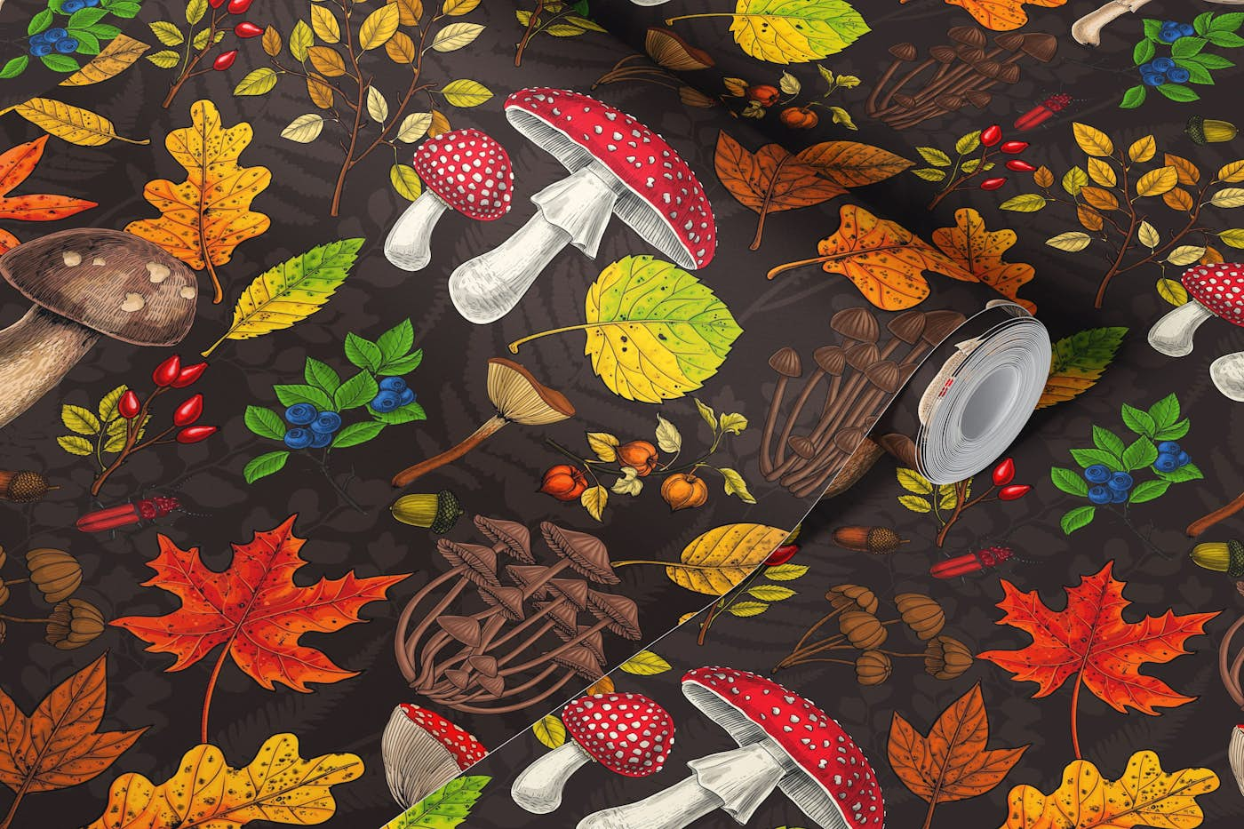 Autumn mushrooms, leaves, nuts and berries on dark brown wallpaper roll