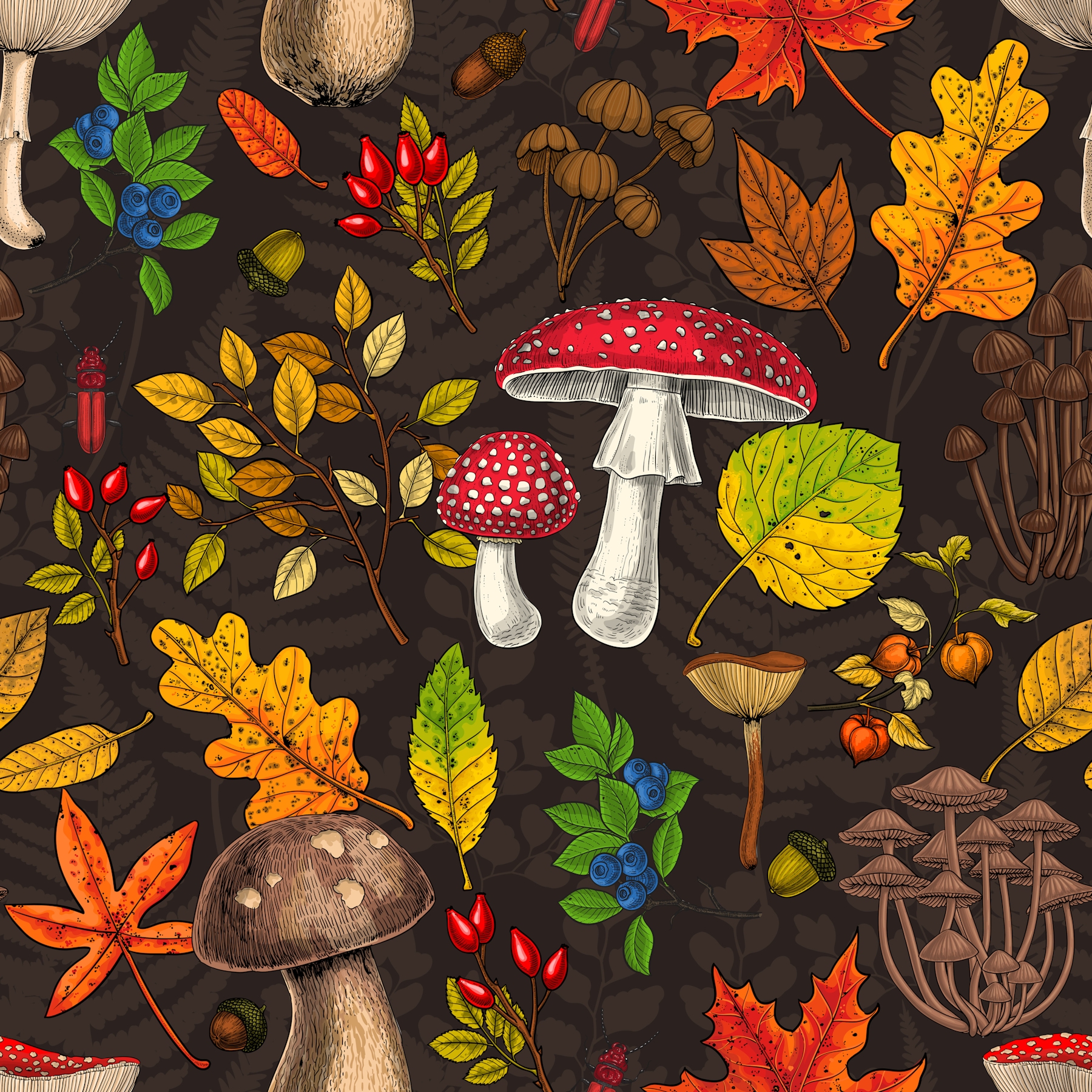 "Autumn Mushrooms, Leaves, Nuts, and Berries on Dark Brown Wallpaper