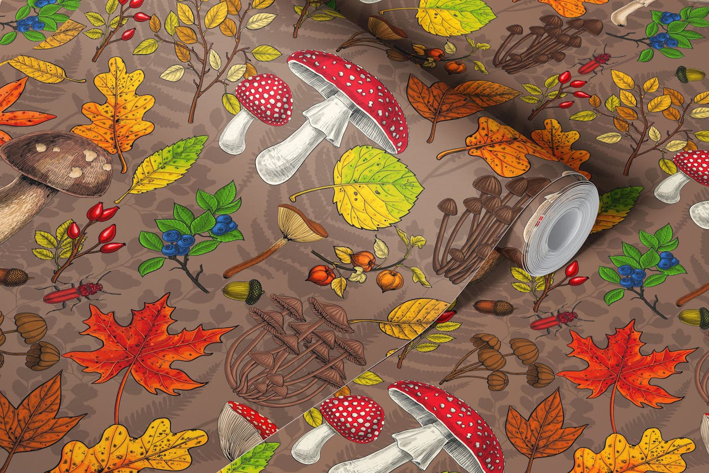 Autumn mushrooms, leaves, nuts and berrieson mocha brown wallpaper roll