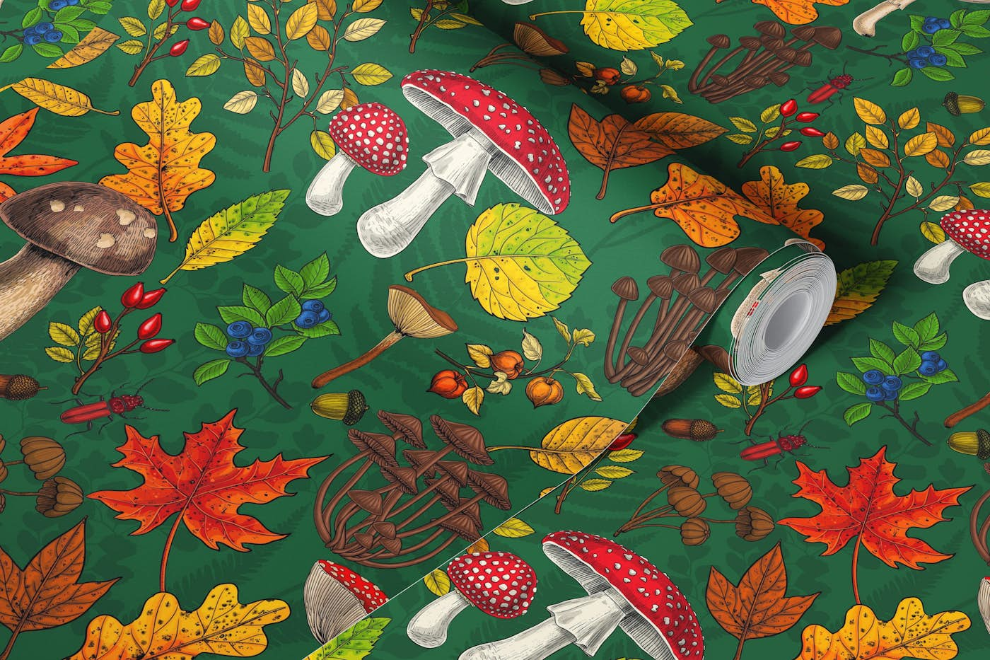 Autumn mushrooms, leaves, nuts and berries on emerald green wallpaper roll