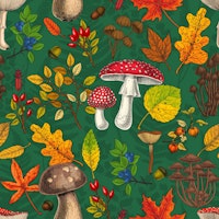 Autumn mushrooms, leaves, nuts and berries on emerald green wallpaper