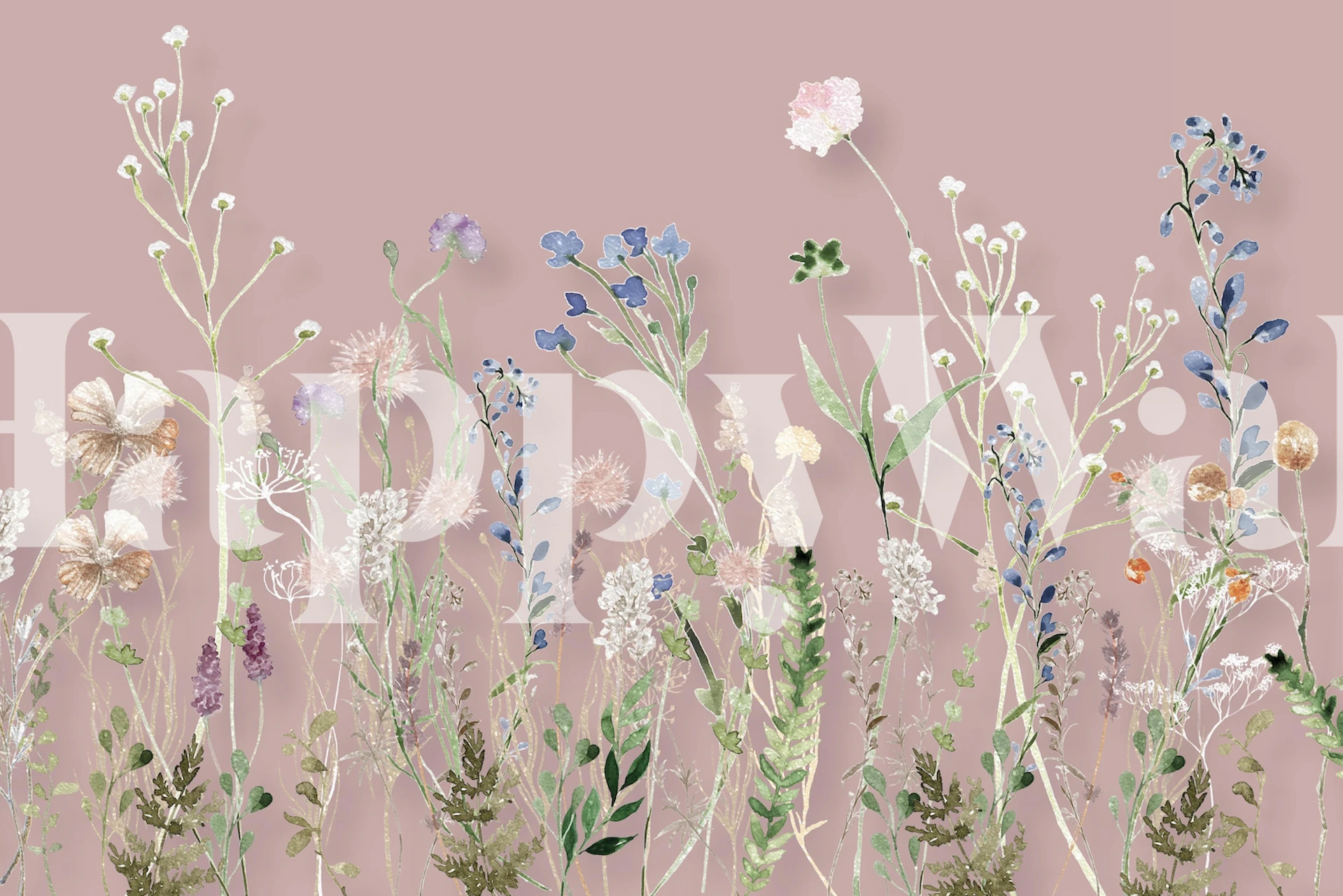 A soothing wildflower meadow design with a blush pink background for a wall mural.